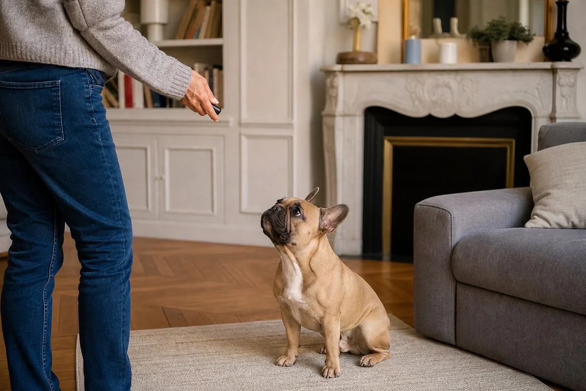 Propriétaire tenant un clicker devant un bouledogue français assis qui fixe la main de son maître avec attention