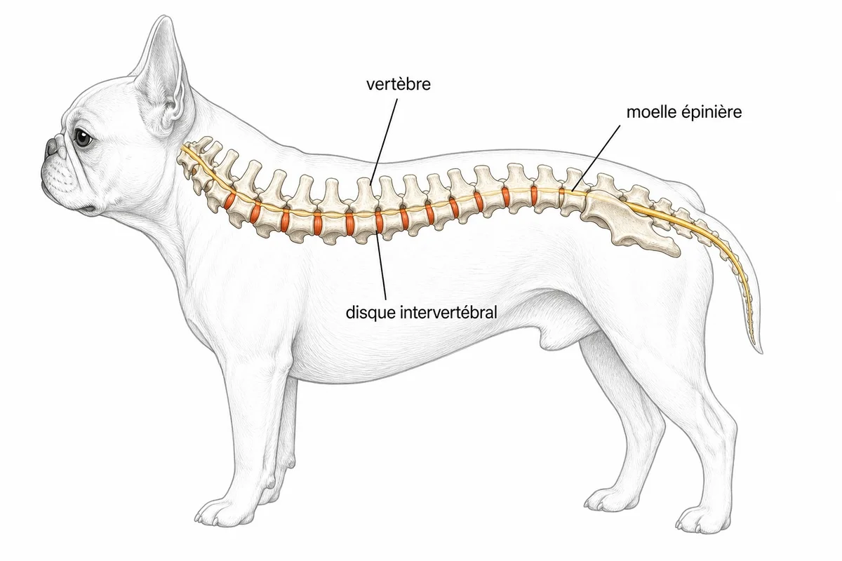 schéma anatomique simplifié de la colonne vertébrale d'un bouledogue français avec disques intervertébraux mis en évidence