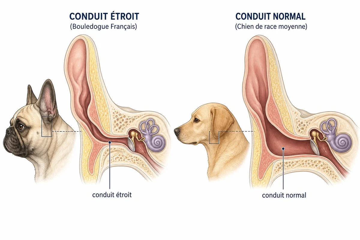 Illustration du conduit auditif étroit d'un bouledogue français comparé à celui d'un chien standard