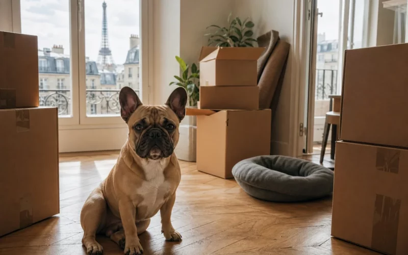 Bouledogue français assis au milieu de cartons de déménagement dans un appartement