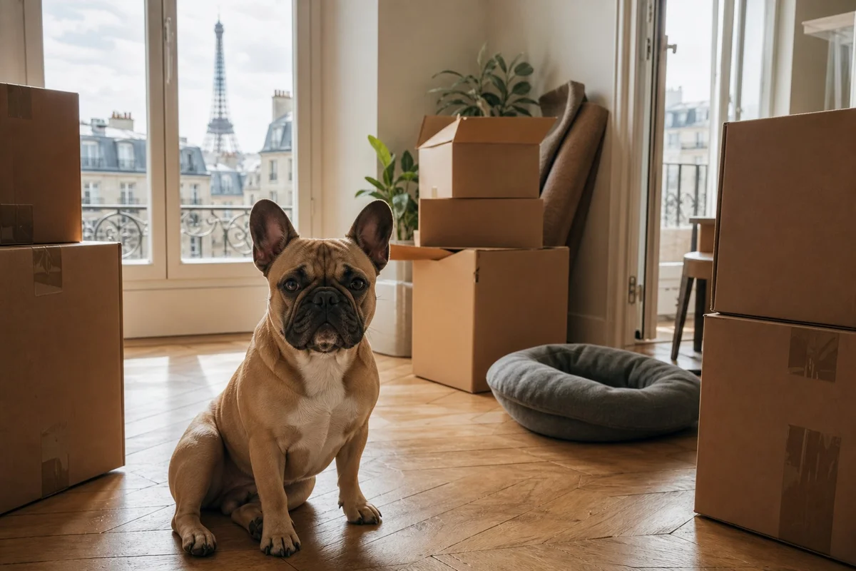 Bouledogue français assis au milieu de cartons de déménagement dans un appartement