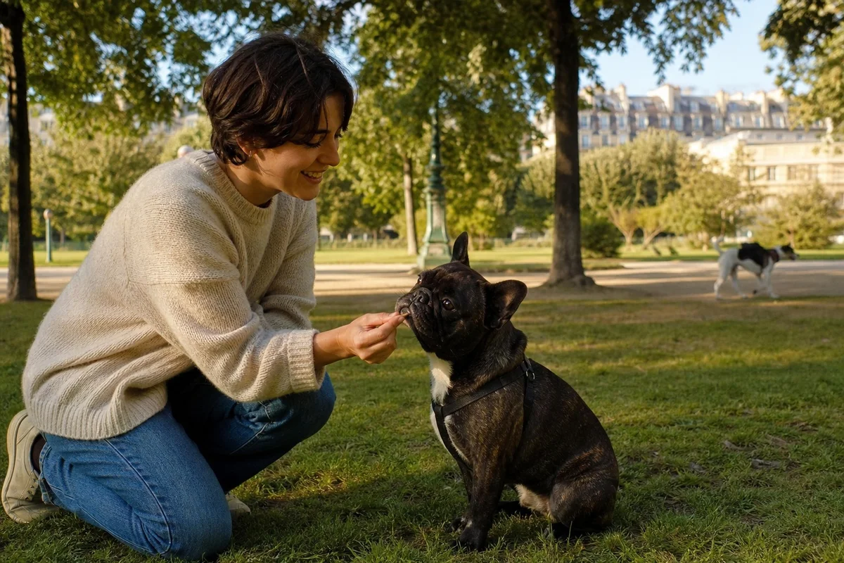 Désensibilisation progressive d'un bouledogue français aux autres chiens Propriétaire donnant une friandise à son bouledogue français pendant qu'un autre chien passe à distance dans un parc