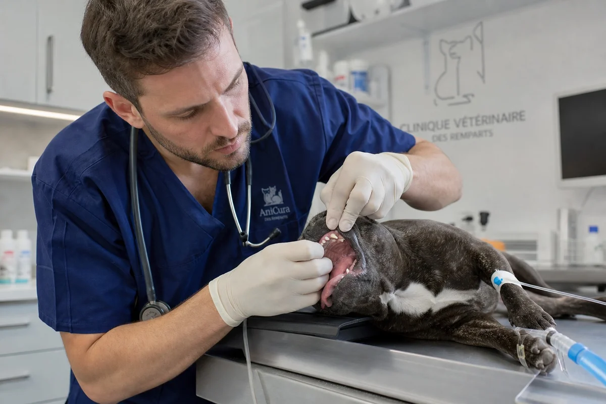 Vétérinaire examinant un bouledogue français sous anesthésie pour évaluer les malformations respiratoires du SORB