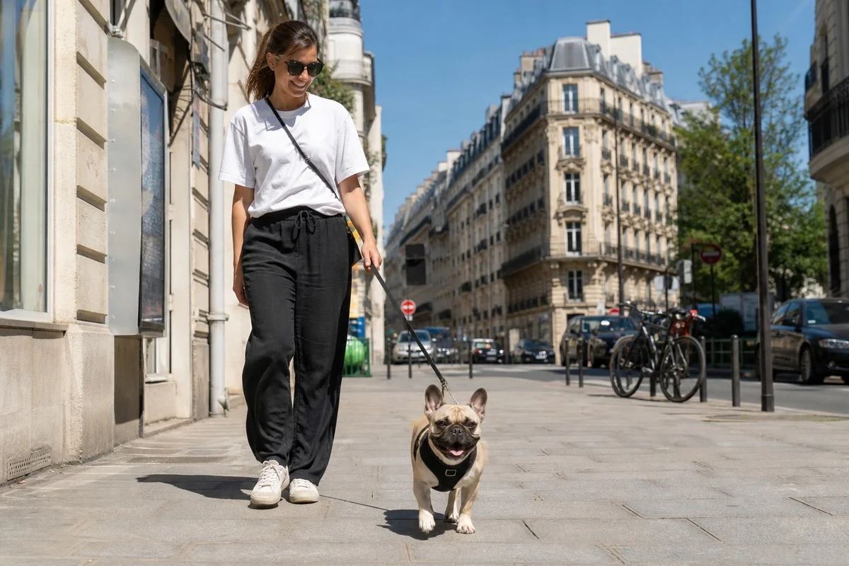 Dog-sitter promenant un bouledogue français en plein Paris en milieu de journée