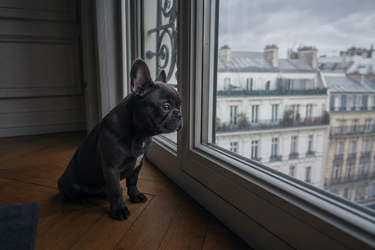 Erreurs de socialisation du chiot bouledogue français : isolement et sur-protection Chiot bouledogue français isolé dans un appartement, assis seul près d'une fenêtre