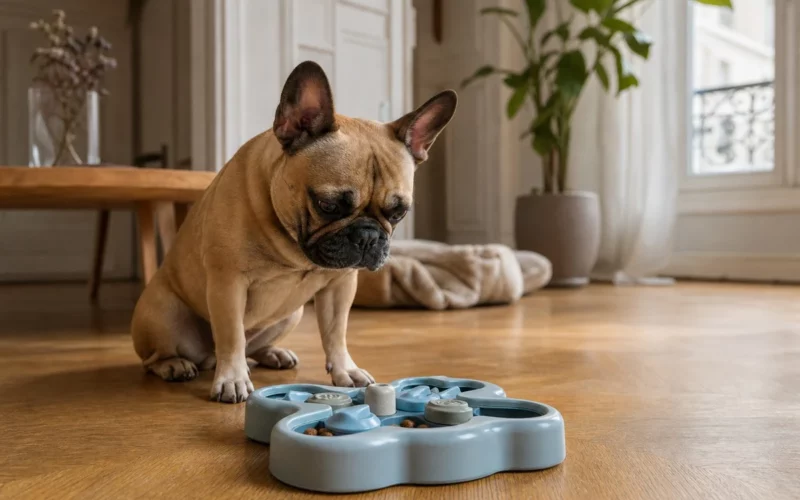 Bouledogue français concentré sur un puzzle alimentaire posé sur un parquet, à l'intérieur d'un appartement