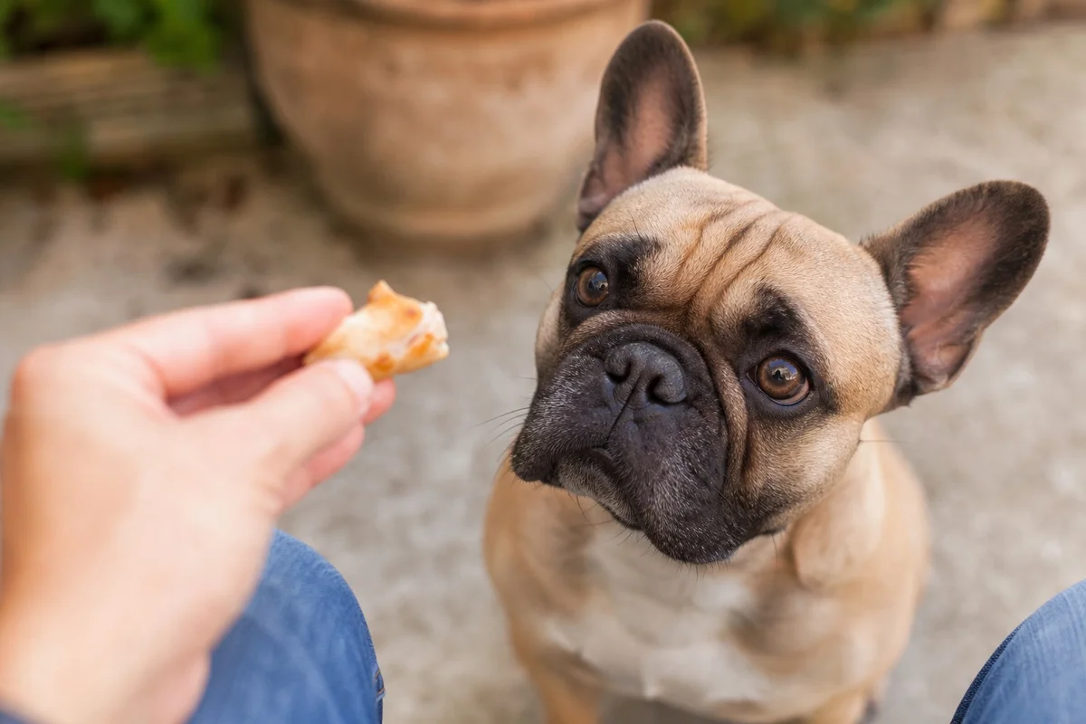 Main tendant une friandise appétente à un bouledogue français lors d'un exercice de rappel