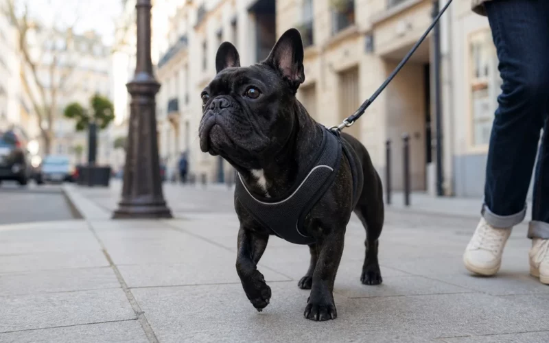 Bouledogue français portant un harnais en Y rembourré lors d'une promenade en ville