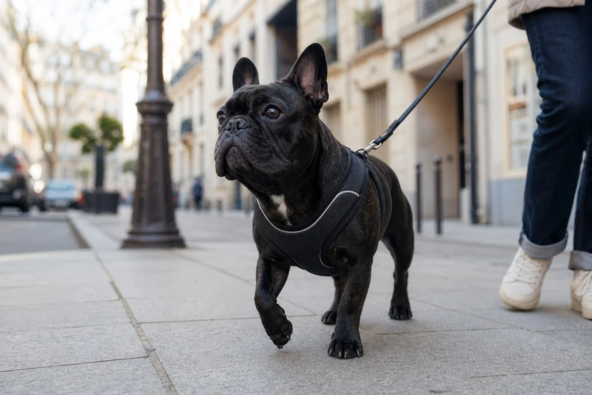Bouledogue français portant un harnais en Y rembourré lors d'une promenade en ville