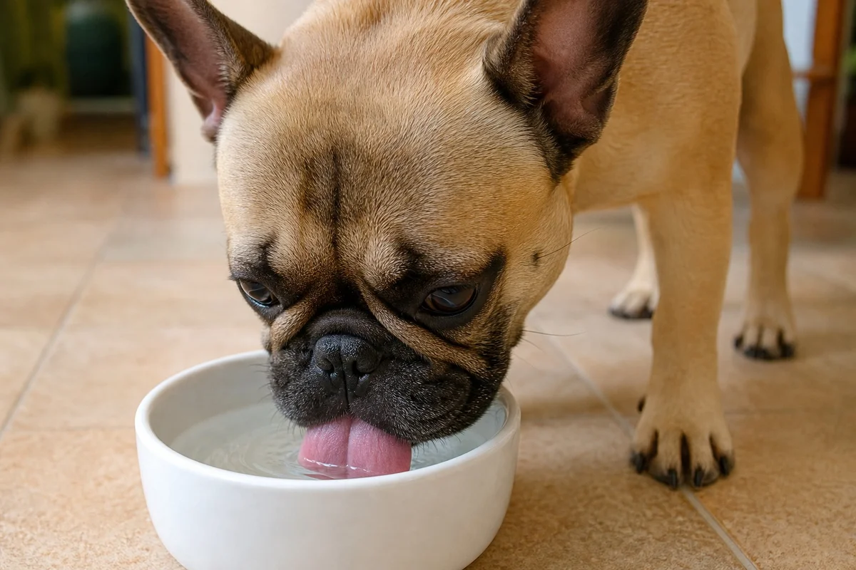 Bouledogue français qui boit de l'eau fraîche dans un bol en céramique