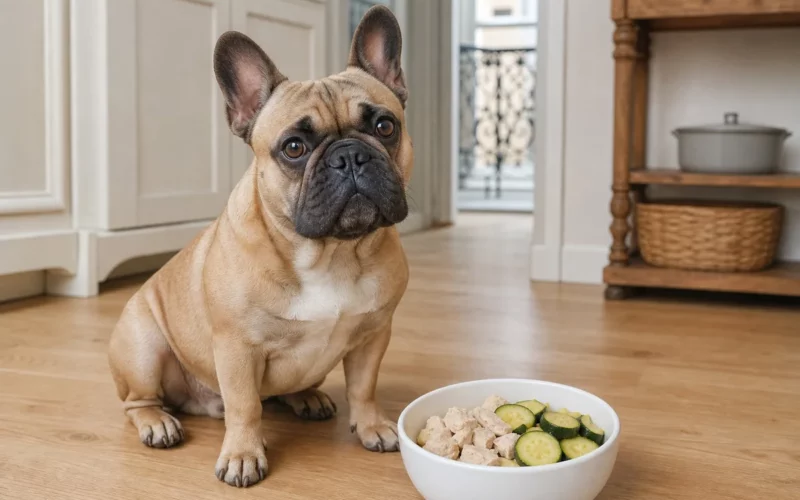 Bouledogue français devant sa gamelle avec des aliments adaptés à l'insuffisance rénale