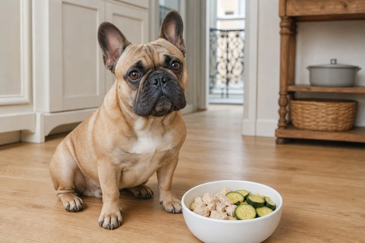 Bouledogue français devant sa gamelle avec des aliments adaptés à l'insuffisance rénale