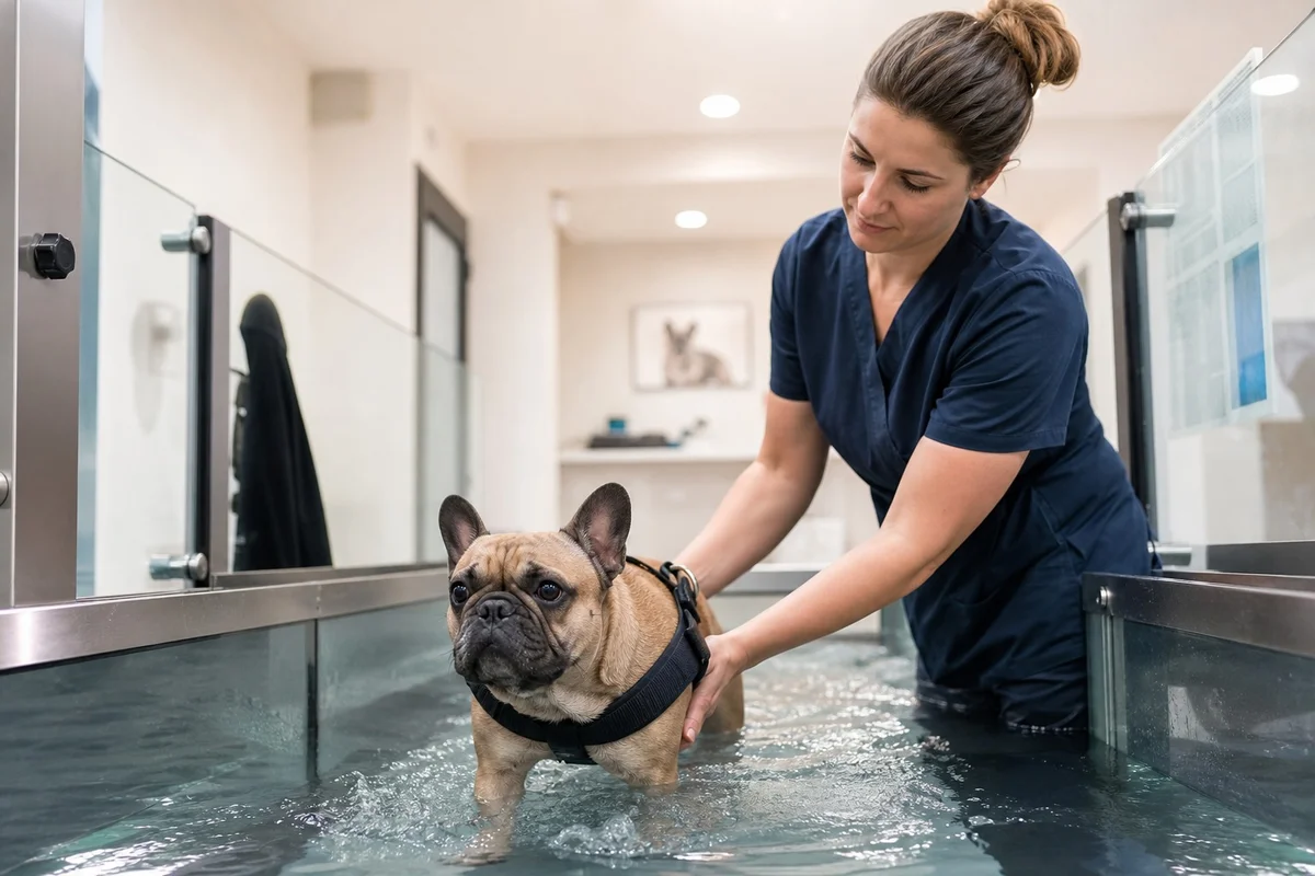 kinésithérapeute vétérinaire guidant un bouledogue français dans l'eau lors d'une séance d'hydrothérapie