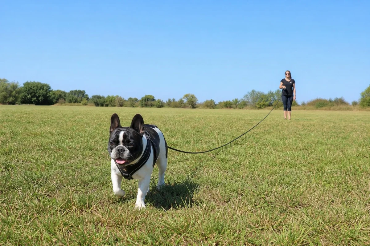 Bouledogue français en promenade avec une longe de 10 mètres dans un espace ouvert et calme