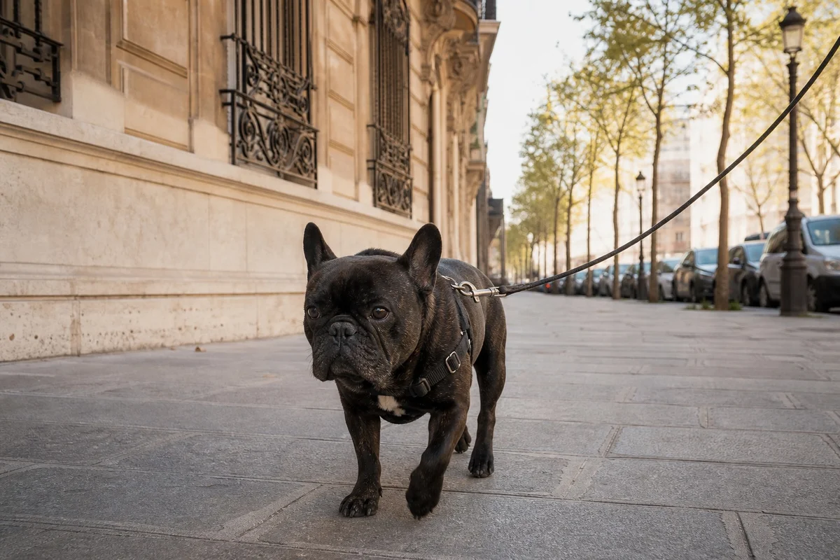 Bouledogue français en promenade en laisse sur un trottoir parisien au matin