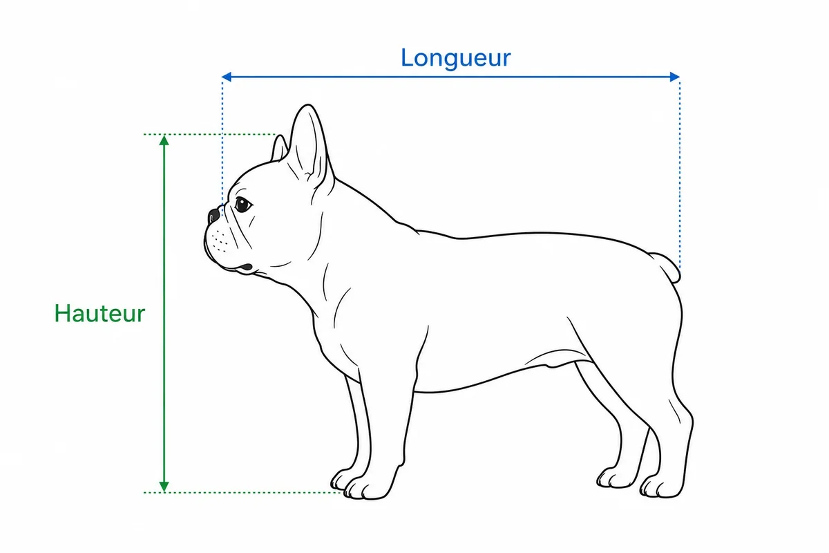 Schéma de mesure d'un bouledogue français : longueur museau-queue et hauteur sol-crâne pour choisir la caisse de transport