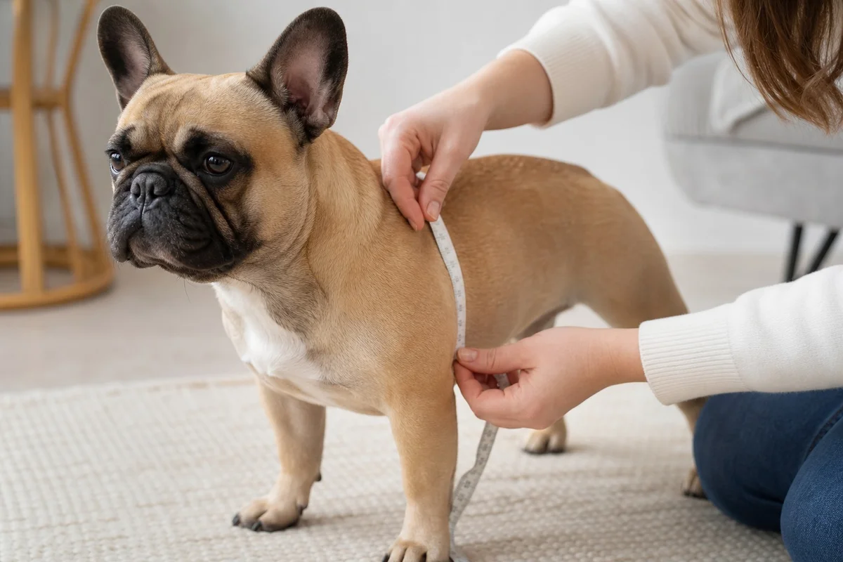 Main mesurant le tour de poitrail d'un bouledogue français avec un mètre ruban souple