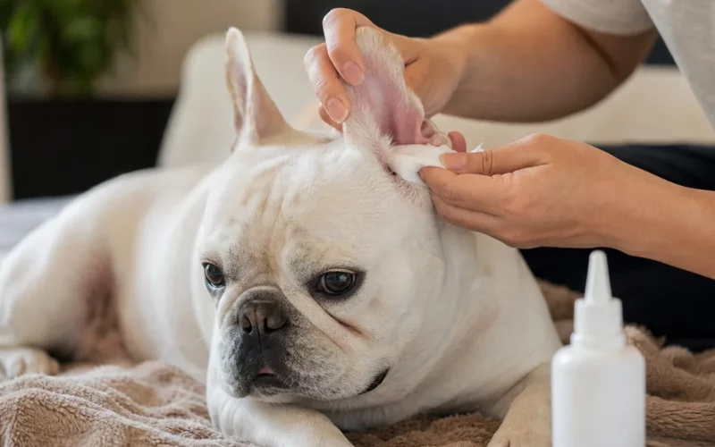 Propriétaire nettoyant les oreilles de son bouledogue français avec une lotion auriculaire vétérinaire
