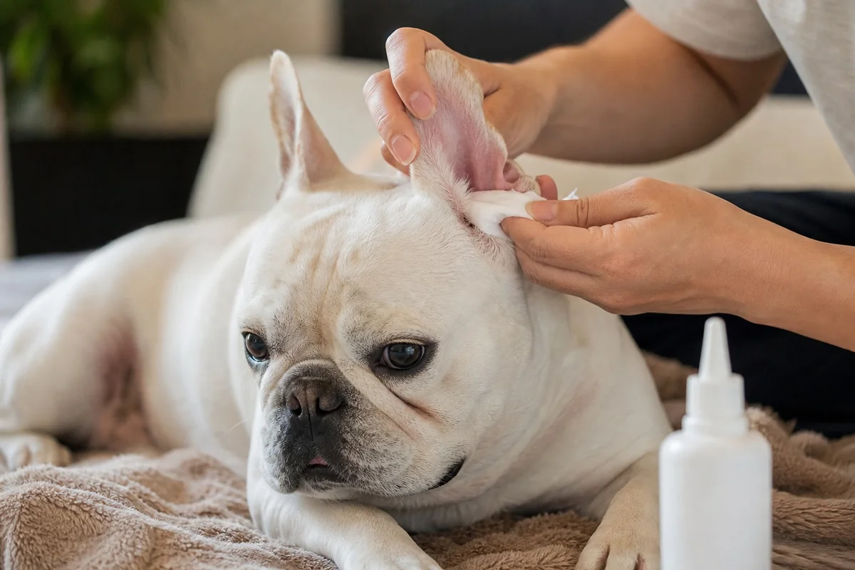 Propriétaire nettoyant les oreilles de son bouledogue français avec une lotion auriculaire vétérinaire