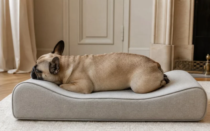 bouledogue français couché sur un tapis orthopédique, vu de profil, colonne vertébrale visible