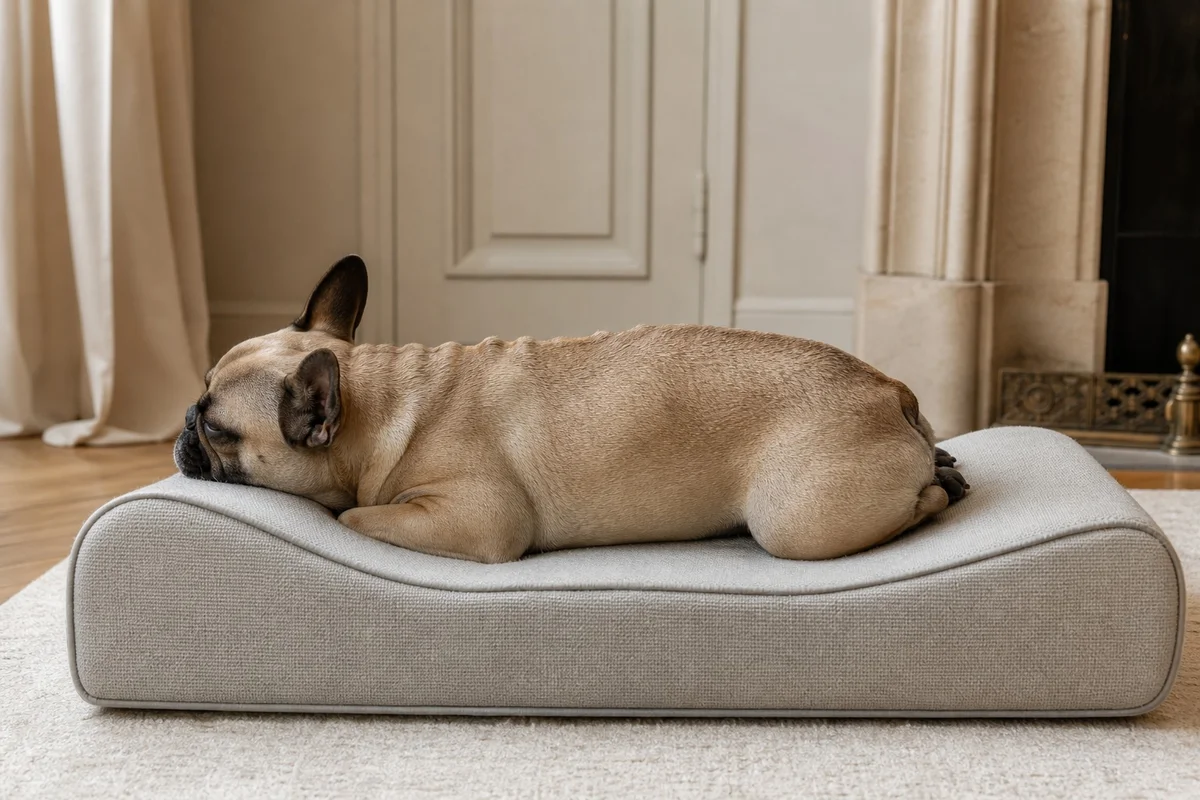 bouledogue français couché sur un tapis orthopédique, vu de profil, colonne vertébrale visible