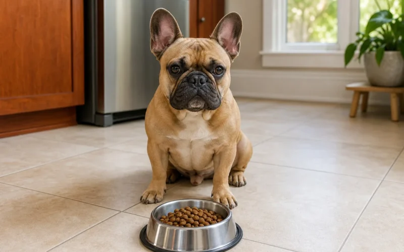 Bouledogue français assis devant une gamelle remplie de croquettes sur un carrelage clair