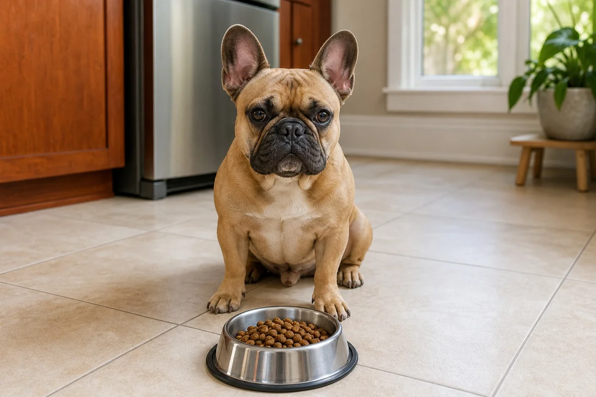 Bouledogue français assis devant une gamelle remplie de croquettes sur un carrelage clair