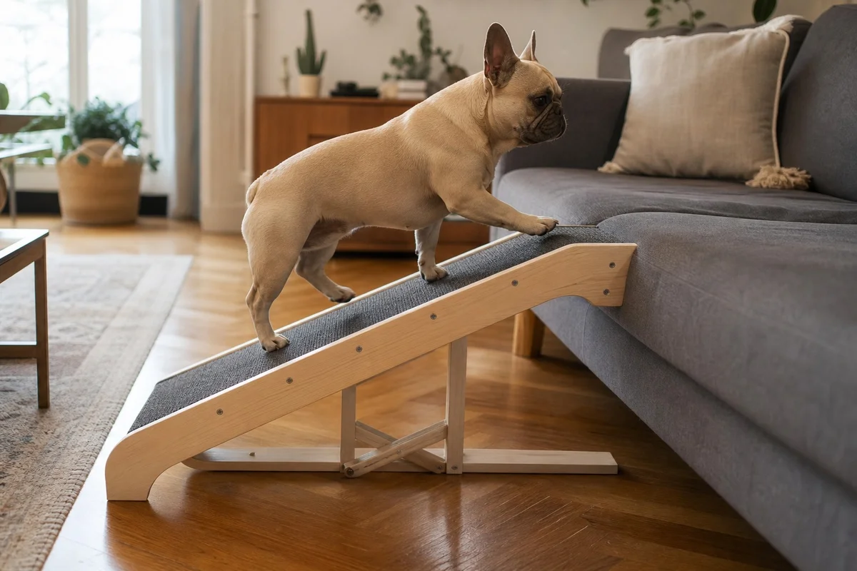 bouledogue français utilisant une rampe en bois pour monter sur un canapé sans sauter