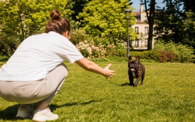 Propriétaire accroupi appelant son bouledogue français lors d'un exercice de rappel au pied dans un parc