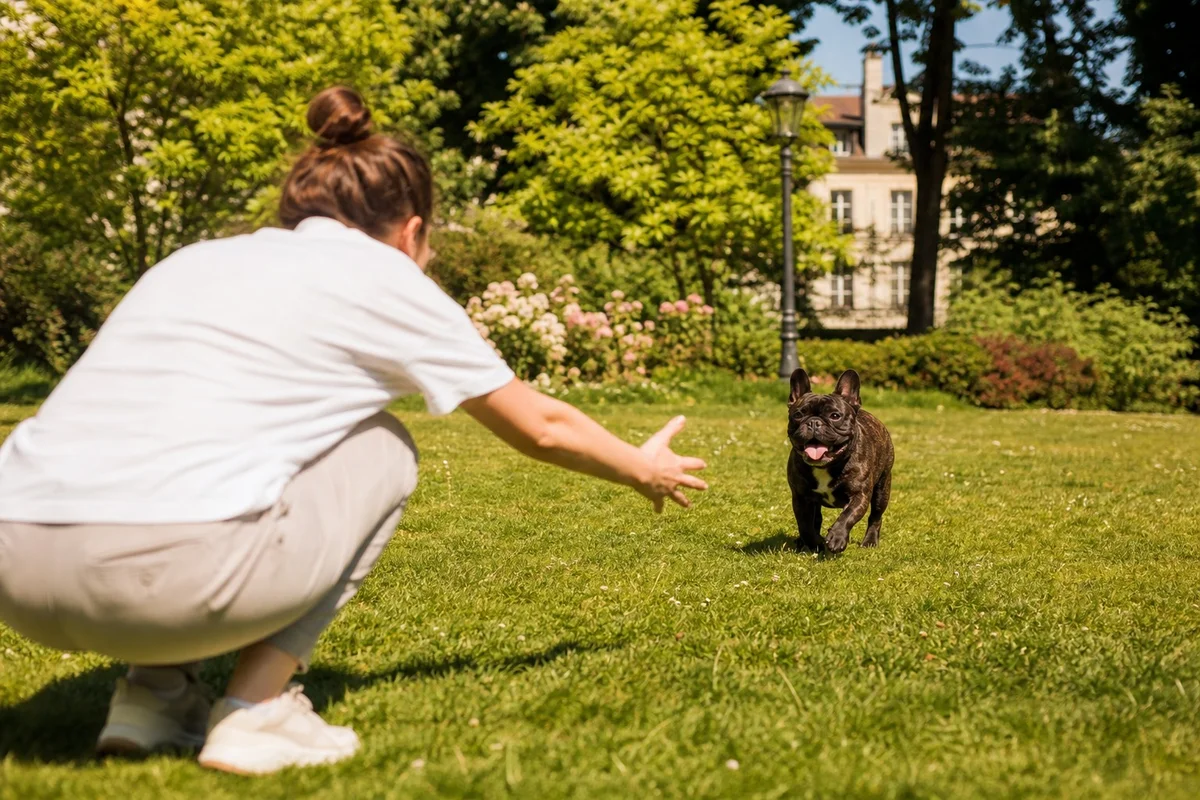 Propriétaire accroupi appelant son bouledogue français lors d'un exercice de rappel au pied dans un parc