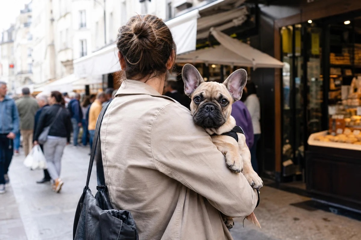 Socialiser un chiot bouledogue français porté dans les bras avant la fin des vaccins Propriétaire portant son chiot bouledogue français dans les bras dans une rue française animée