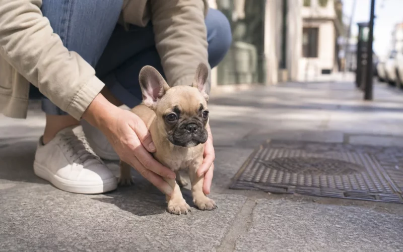 Chiot bouledogue français explorant l'extérieur pour la première fois lors de la période de socialisation