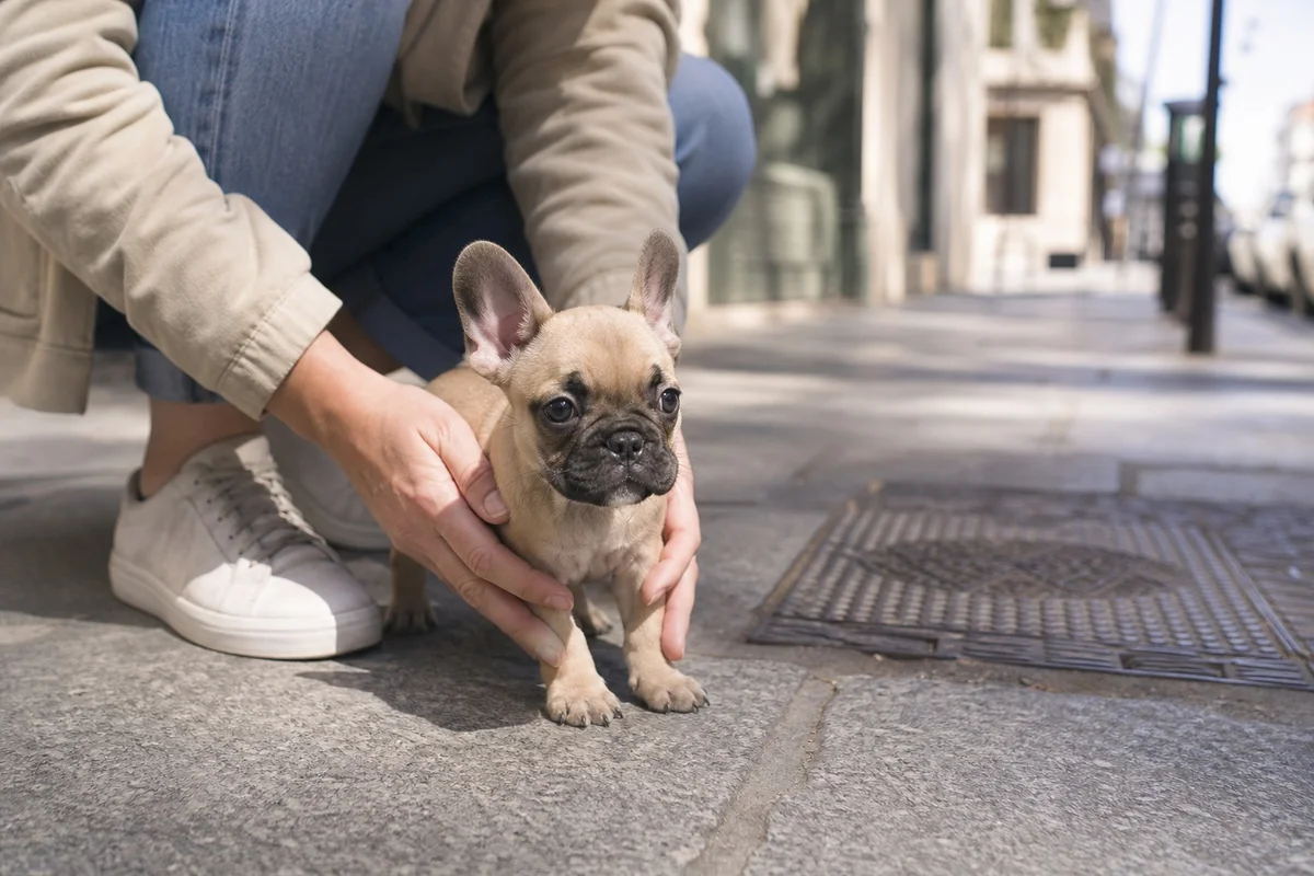 Chiot bouledogue français explorant l'extérieur pour la première fois lors de la période de socialisation