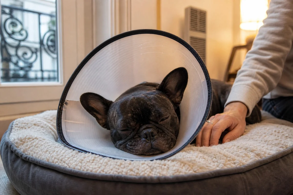 Bouledogue français en convalescence après chirurgie du syndrome brachycéphale, collerette de protection, ambiance maison
