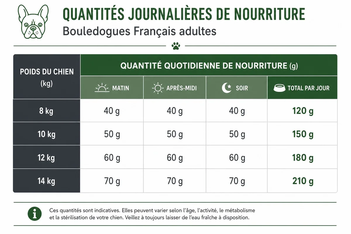 Infographie tableau des rations journalières en grammes pour un bouledogue français adulte selon son poids