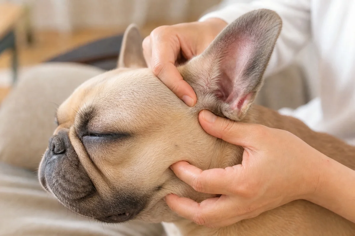 Démonstration du massage de la base de l'oreille d'un bouledogue français après instillation de lotion auriculaire