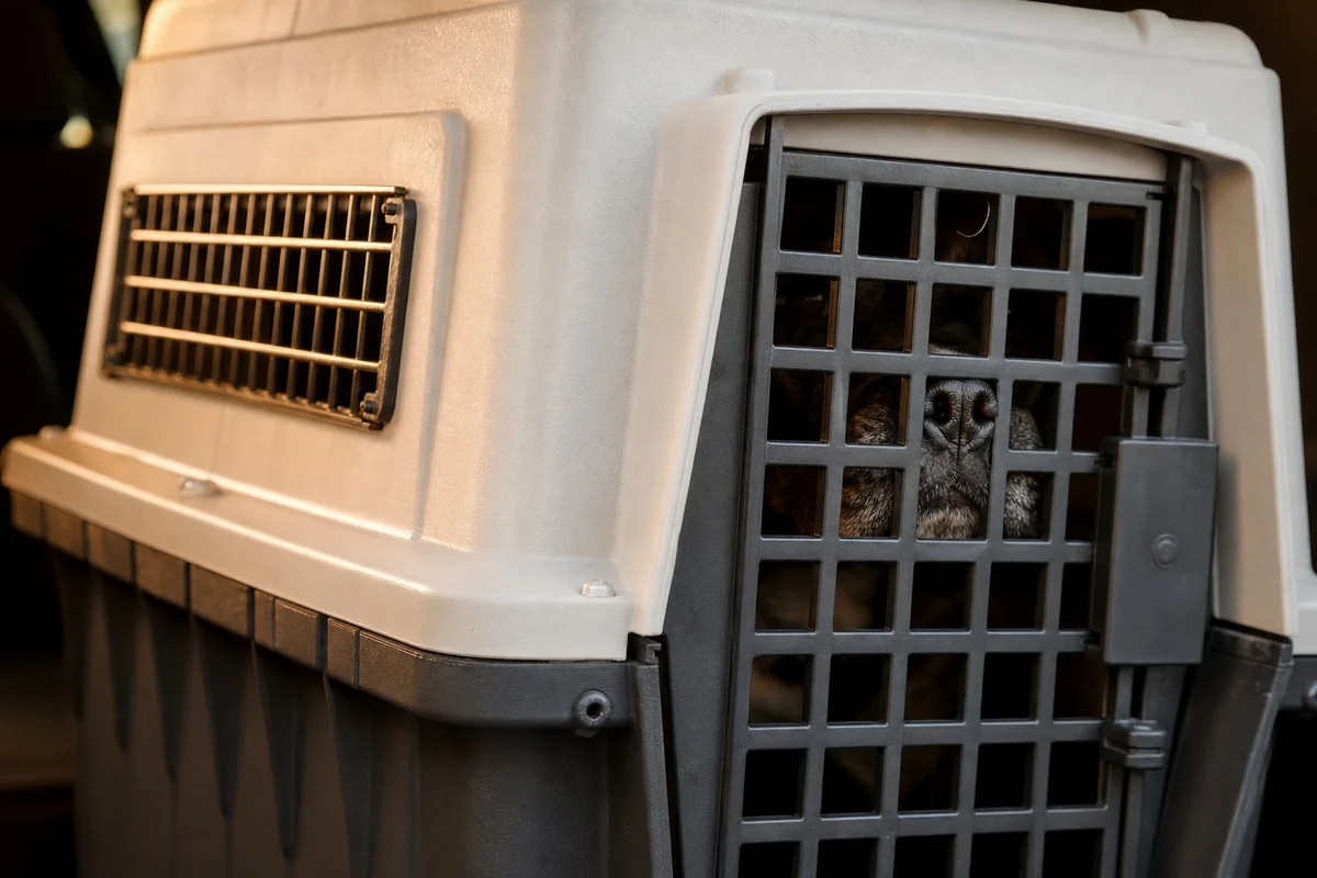 Gros plan sur les grilles de ventilation d'une caisse de transport rigide pour chien brachycéphale