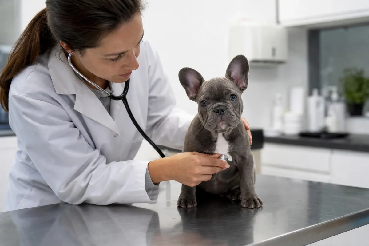 Vétérinaire examinant un chiot bouledogue français sur une table de consultation