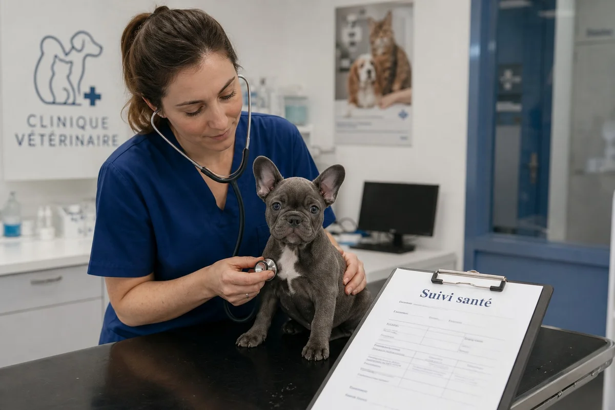 Chiot bouledogue français examiné par un vétérinaire lors d'une consultation