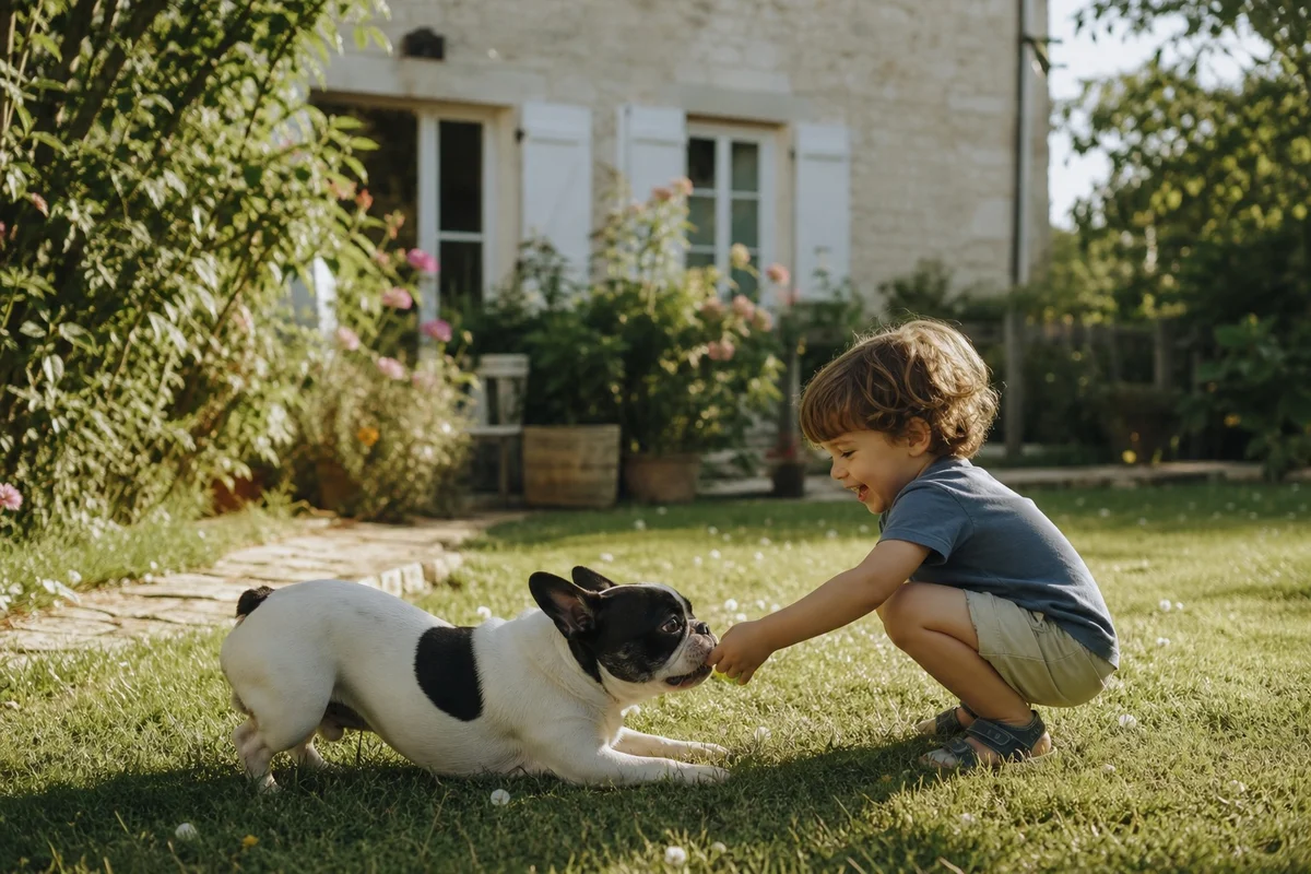 Bouledogue français jouant avec un enfant dans un jardin français