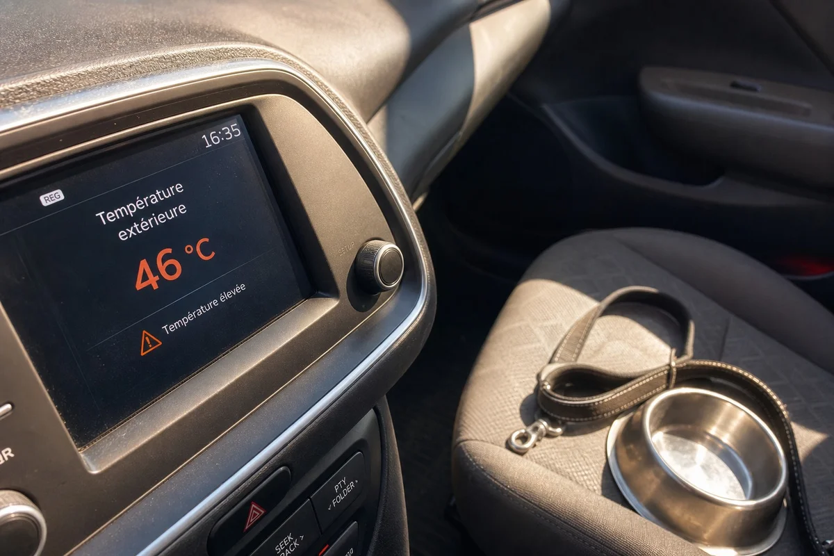 Voiture garée en plein soleil avec thermomètre affichant une température élevée à l'intérieur