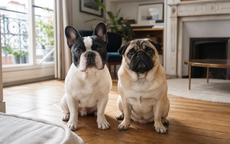 Bouledogue français et carlin assis côte à côte dans un salon