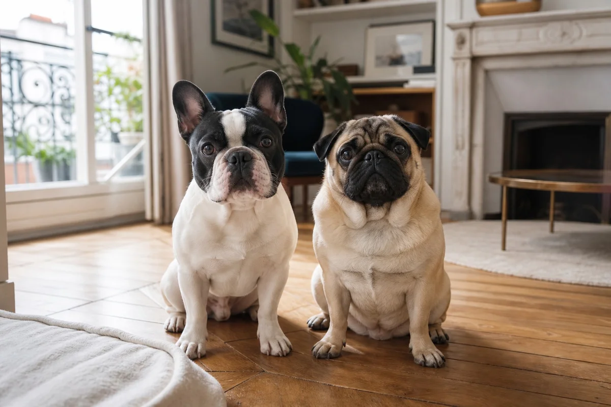 Bouledogue français et carlin assis côte à côte dans un salon