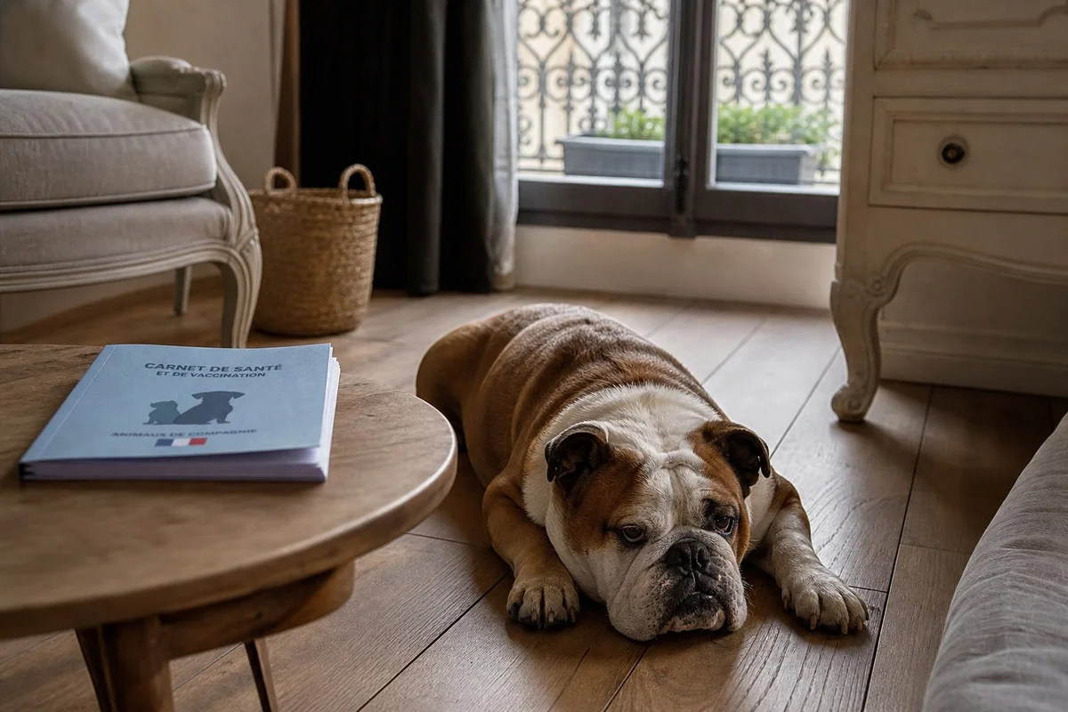 Bulldog anglais allongé illustrant les races de chiens les plus fragiles et sensibles à la chaleur