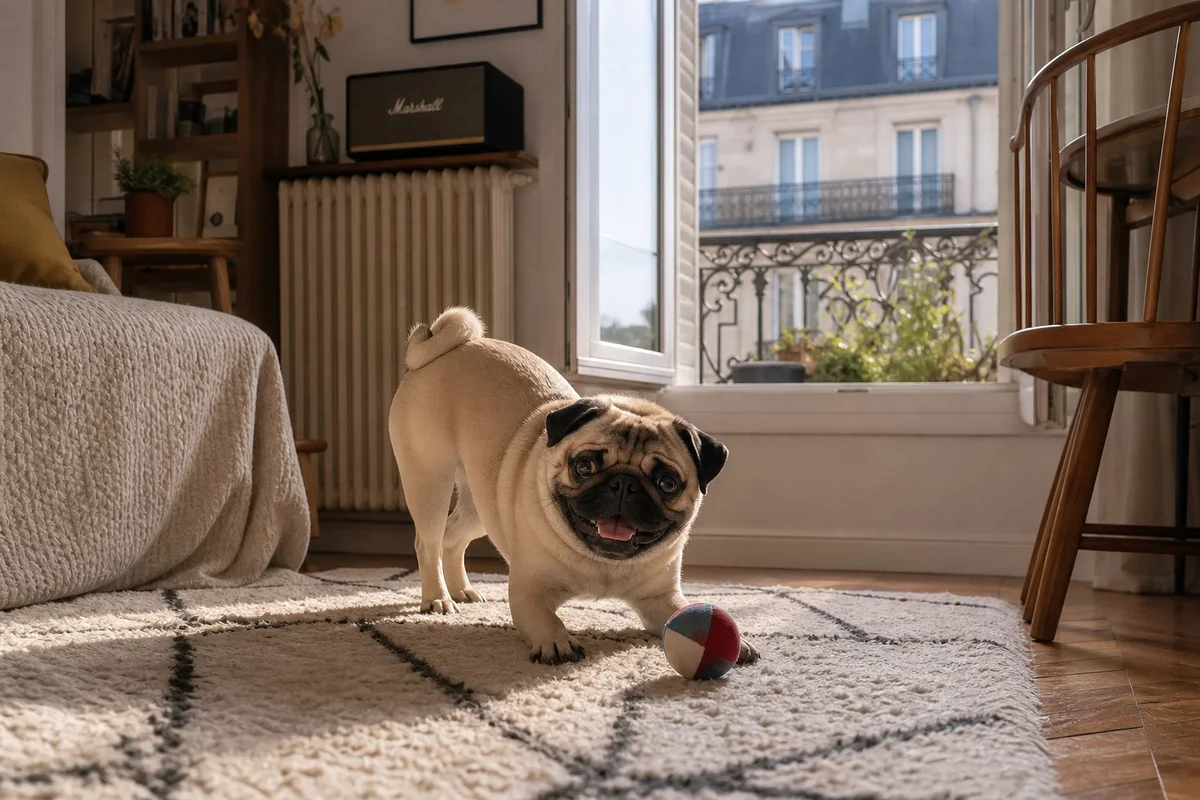 Carlin jouant avec une balle dans un appartement parisien