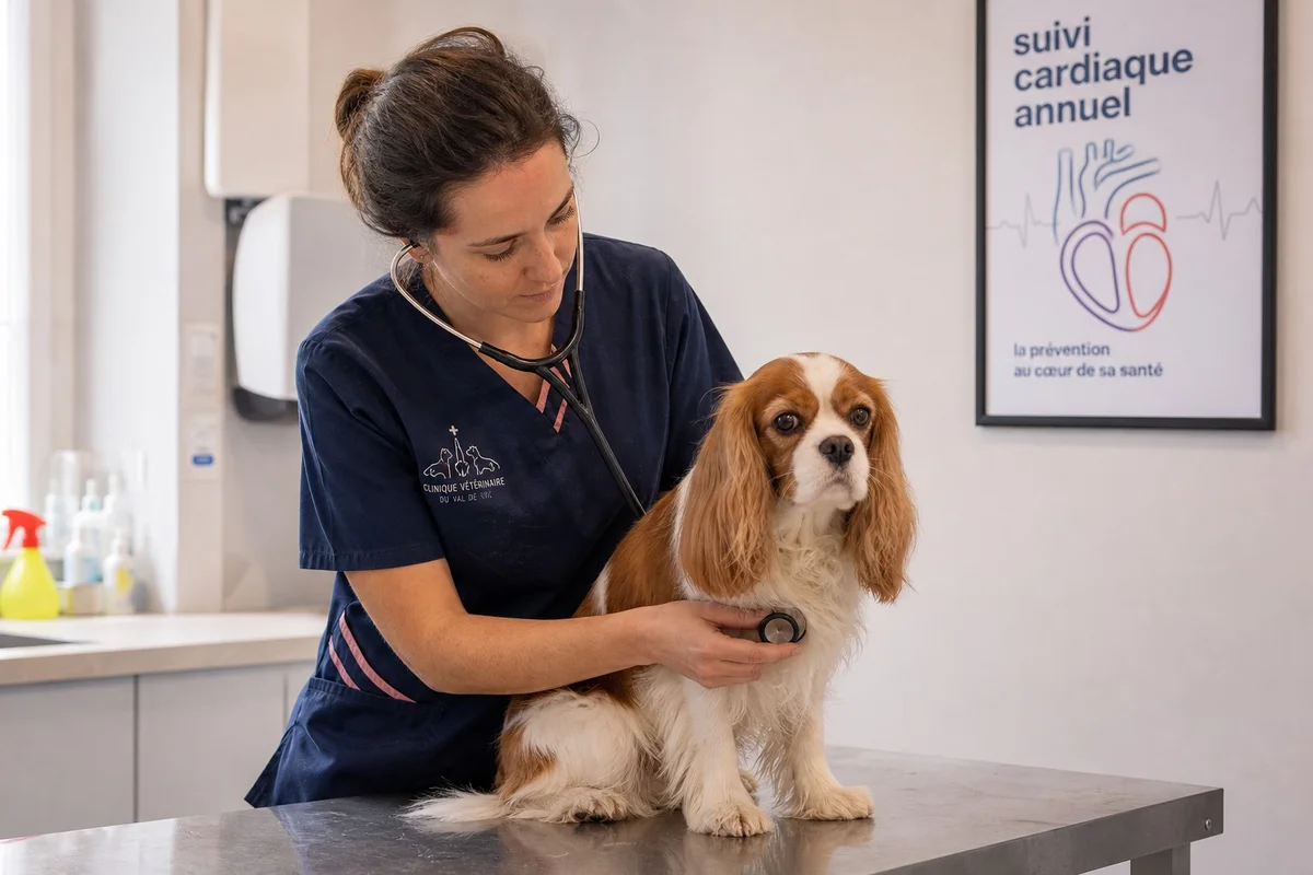 Cavalier King Charles chez le vétérinaire illustrant les races de chiens les plus fragiles sur le plan cardiaque