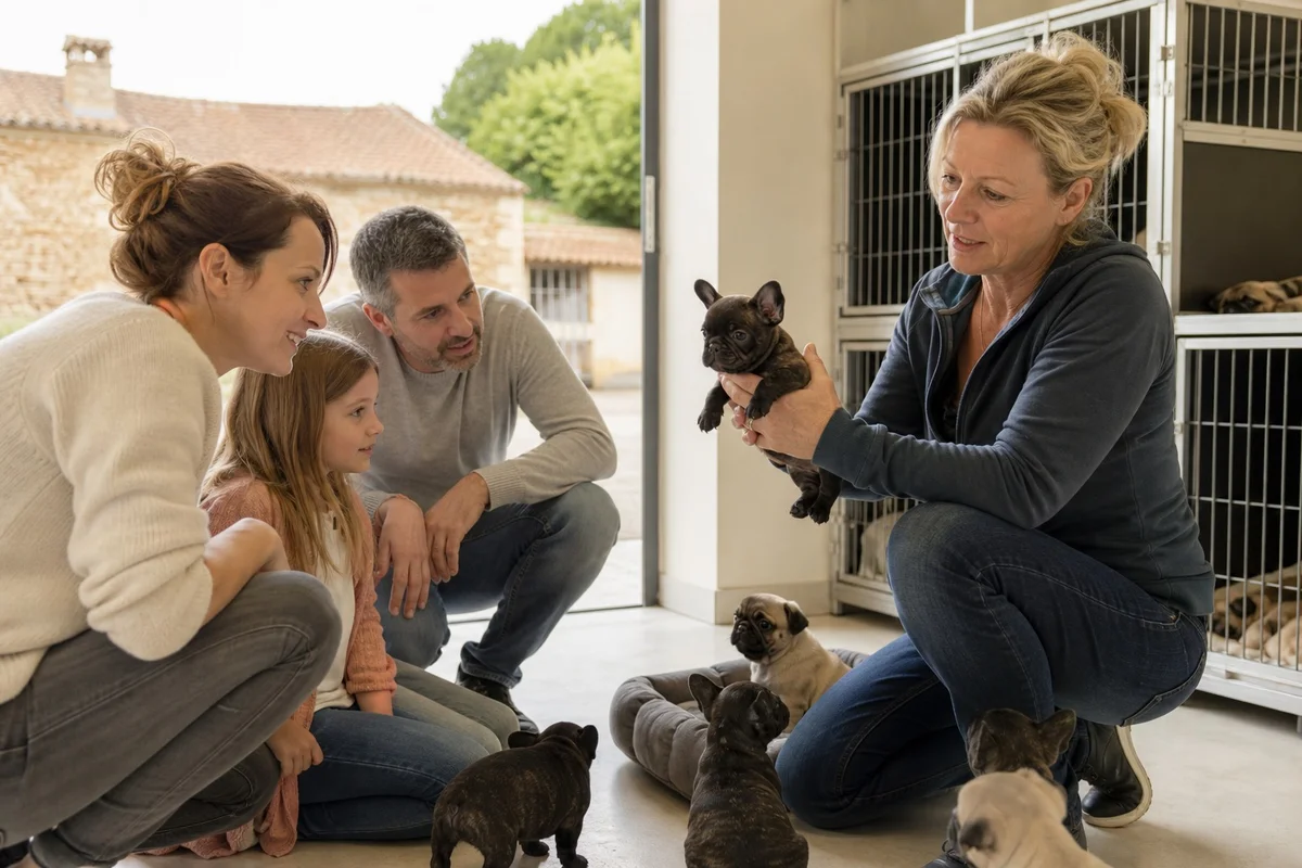 Famille française rencontrant un éleveur avec des chiots bouledogue français et carlin