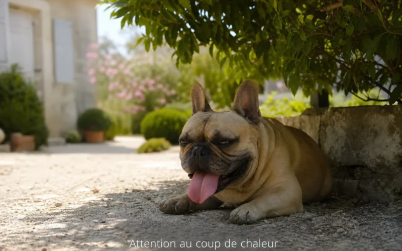 Bouledogue français haletant à l'ombre par forte chaleur en France