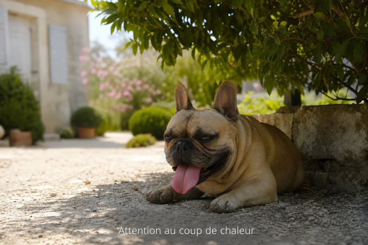 Bouledogue français haletant à l'ombre par forte chaleur en France