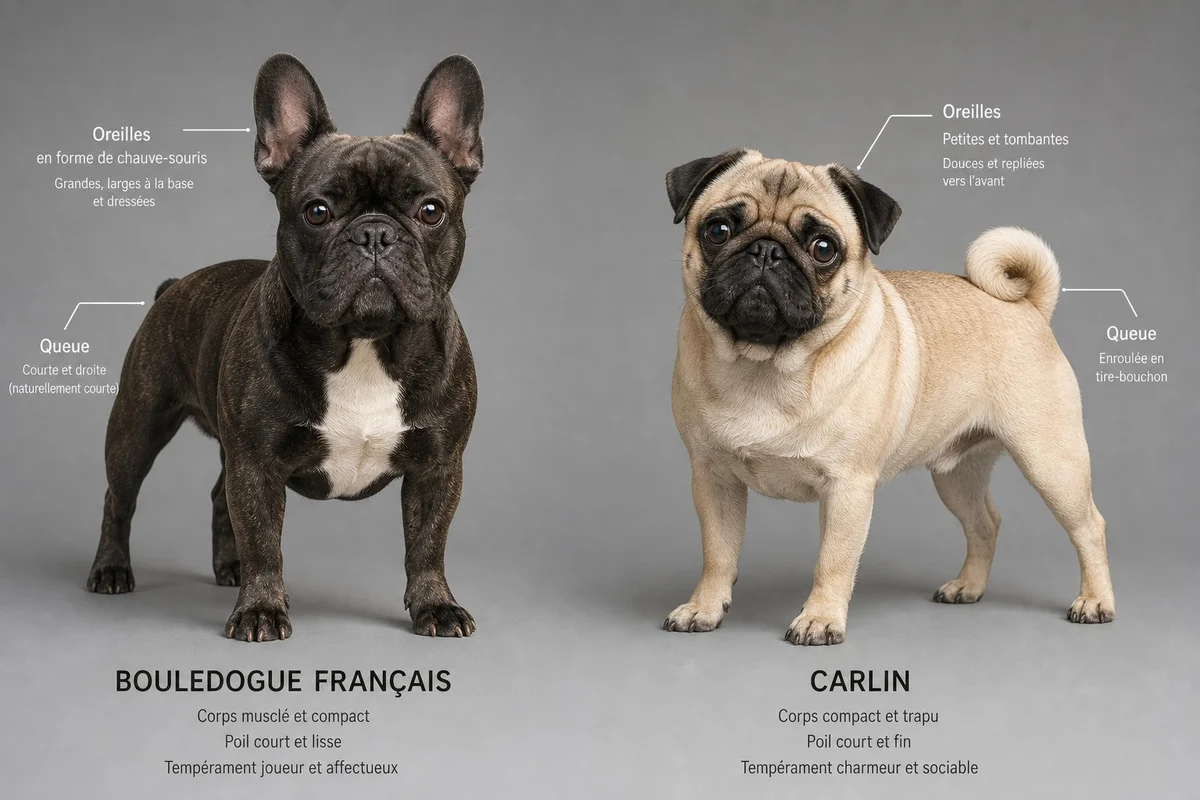 Comparaison de la morphologie du bouledogue français et du carlin, oreilles et queue
